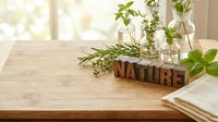 Fresh herbs in glass bottles with wooden nature sign on rustic table for organic cooking and natural wellness lifestyle decoration.