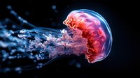 Luminescent pink jellyfish floating in dark blue ocean waters, with translucent tentacles trailing behind creating ethereal movement patterns in underwater environment.