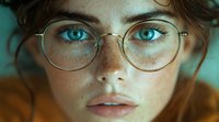 Young woman with bright blue eyes, freckles and round glasses in close up portrait. Natural beauty with minimal makeup against teal background.