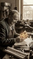 Elderly male craftsman with gray hair and weathered features, Caucasian ethnicity, wearing work apron in industrial workshop, examining wooden gears and mechanical parts at workbench with tools and blueprints.