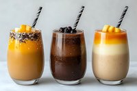 Assortment of refreshing smoothies in glasses with striped straws - mango with chia seeds, chocolate with berries, and layered tropical fruit blend.