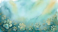 Watercolor paw prints in gold and teal with botanical elements on soft gradient background, suitable for pet-related designs, greeting cards, and animal-themed artwork.