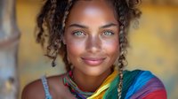 Young African American woman with natural curly hair and bright blue eyes smiling warmly at camera, wearing vibrant rainbow colored clothing against blurred background.