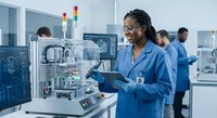 African American female scientist in blue lab coat using tablet in modern pharmaceutical manufacturing facility with automated equipment and colleagues.
