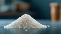 Pile of white rice grains on dark surface in modern kitchen setting for cooking and food preparation concepts.