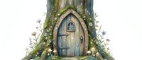 Arched wooden door built into tree trunk with moss, ivy and wildflowers, fantasy forest entrance for storybook illustration, children's book design and magical woodland themes.