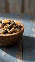 Wooden bowl filled with mixed nuts, dried fruits and raisins on rustic blue wooden table. Healthy snack mix for organic food and nutrition concepts.