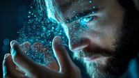 Bearded man blowing magical glowing cyan particles from his palm against dark background, creating mystical ethereal effect with dramatic side lighting.
