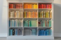 Books arranged by color in white built-in bookshelf creating rainbow spectrum from red to blue, organized library display against neutral wall.
