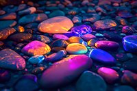 Colorful wet pebbles and stones illuminated by vibrant neon lights creating magical atmosphere with pink, purple and blue reflections on dark background.