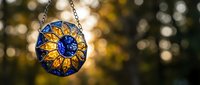 Elegant blue and gold sunflower pendant necklace with intricate metalwork design hanging against warm bokeh background for jewelry and fashion concepts.