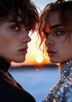 Young androgynous models with tousled dark hair face each other in dramatic profile against golden sunset sky, wearing embellished dark clothing. Artistic fashion portrait.