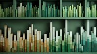 Bookshelf with collection of green and beige books arranged in gradient pattern against dark green background, creating modern aesthetic for interior design.