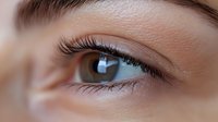Close-up of woman's brown eye with natural makeup and long eyelashes showing detailed iris texture and smooth skin for beauty and cosmetic concepts.