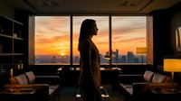 Woman with long dark hair standing in modern office overlooking city skyline at sunset, silhouetted against golden sky, contemporary workspace with floor-to-ceiling windows for corporate and lifestyle themes.