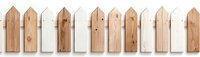 Wooden fence pickets in row showing natural wood grain texture and white painted boards, arranged horizontally on white background, isolated design element.