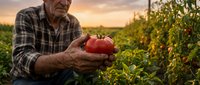 Senior Caucasian farmer holding fresh ripe red tomato in hands at sunset in organic vegetable garden. Agricultural harvest concept for healthy farming.