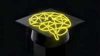 Glowing yellow brain on graduation cap symbolizing intelligence, education achievement, and academic success in learning and knowledge development.