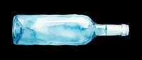 Watercolor blue glass bottle lying on its side, isolated on transparent background, ready for stickers, print on demand, T-shirt design, and clipart use.