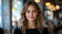 Young Caucasian woman with wavy blonde hair and natural makeup smiling warmly at camera wearing black top, blurred cafe interior background, soft natural lighting.
