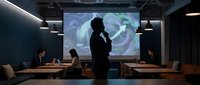 Business professional presenting financial growth data with circular charts showing 2023 to 2024 progress in modern conference room meeting.
