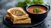 Grilled cheese sandwich with melted cheddar served on black slate plate next to bowl of tomato soup garnished with fresh herbs. Classic comfort food pairing.