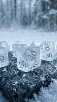 Frosted polyhedral dice set resting on snow-covered stone with winter forest backdrop, ideal for tabletop gaming, fantasy campaigns, and role-playing game promotional content.