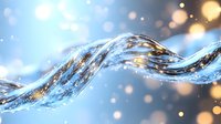 Flowing liquid wave with golden light particles and bokeh effect on blue background, dynamic water splash motion with glowing sparkles and bubbles.