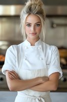Young female chef in white uniform and apron standing with crossed arms in professional kitchen. Confident professional culinary portrait with natural lighting.
