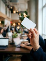 Close-up of hand holding blank white card in modern office workspace with festive holiday decorations and blurred colleagues working at desks.