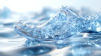 Splashing wave of pure blue water with dynamic droplets and ripples creating natural flowing motion against light background, fresh aqua surface.