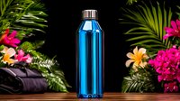 Sleek metallic blue reusable water bottle against dark background with tropical flowers and palm leaves, showcasing eco-friendly hydration solution.