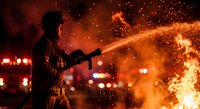 Firefighter in protective gear battles intense blaze with water hose as sparks fly through smoky orange night sky during emergency response operation.