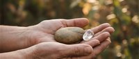 Elderly hands gently holding smooth river stones and crystal quartz in cupped palms outdoors with natural bokeh background for meditation and healing concepts.