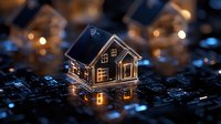 Glowing miniature house on computer circuit board with bokeh lights, reflecting technology and smart home concept. Modern real estate innovation.