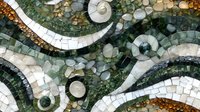 Aerial view of ornamental garden with curved stone pathways, circular water features, and manicured green spaces creating geometric landscape design patterns.