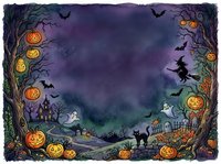 Spooky Halloween frame with jack-o-lanterns, bats, witch, ghosts and haunted house on purple night sky background for seasonal decorations and party invitations.