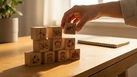 Hand placing wooden cube with eco-friendly symbols on desk, representing sustainable business practices and environmental responsibility concepts.