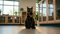Adorable tortoiseshell cat sitting on wooden floor in bright modern home interior with large windows and houseplants creating cozy domestic atmosphere.