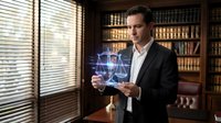Professional lawyer holding holographic scales of justice in traditional law office with wooden bookshelves. Legal technology concept for modern practice.