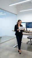 Professional businesswoman in dark suit reading documents in modern office with glass walls and data analytics displays on computer screens.