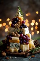Gourmet cheese tower with grapes, walnuts and rosemary on wooden board with warm bokeh lights for holiday entertaining and festive appetizer presentations.