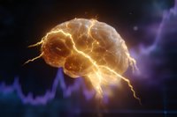 Microscopic dust mite glowing with electric energy on dark background with purple light effects and lightning bolts, science visualization concept.