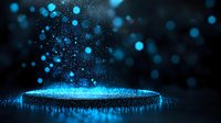 Glowing blue particles rising from circular platform against dark background create magical atmosphere with bokeh light effects and sparkles. For fantasy designs.
