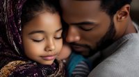 African American father and young daughter share tender moment of connection and bonding, eyes closed in peaceful embrace showing parental love and family unity.