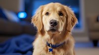 Golden retriever with cream-colored coat wearing blue collar with tag, sitting indoors with blurred blue lighting in background. Suitable for pet care, veterinary, and animal companionship content.