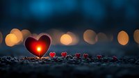 Glowing red heart with smaller hearts on dark ground against blurred bokeh lights background, romantic mood for Valentine's day and love concepts.