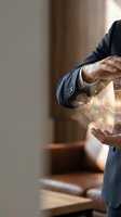 Businessman hands protecting glowing digital network icons representing data security and business protection in modern office environment.