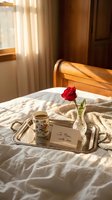 Romantic breakfast in bed with red rose, coffee cup and love note on silver tray. Warm sunlight creates cozy morning atmosphere for Valentine's Day celebration.