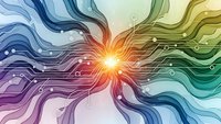 Abstract digital waves radiating from bright central light with rainbow gradient colors and circuit patterns for technology backgrounds.